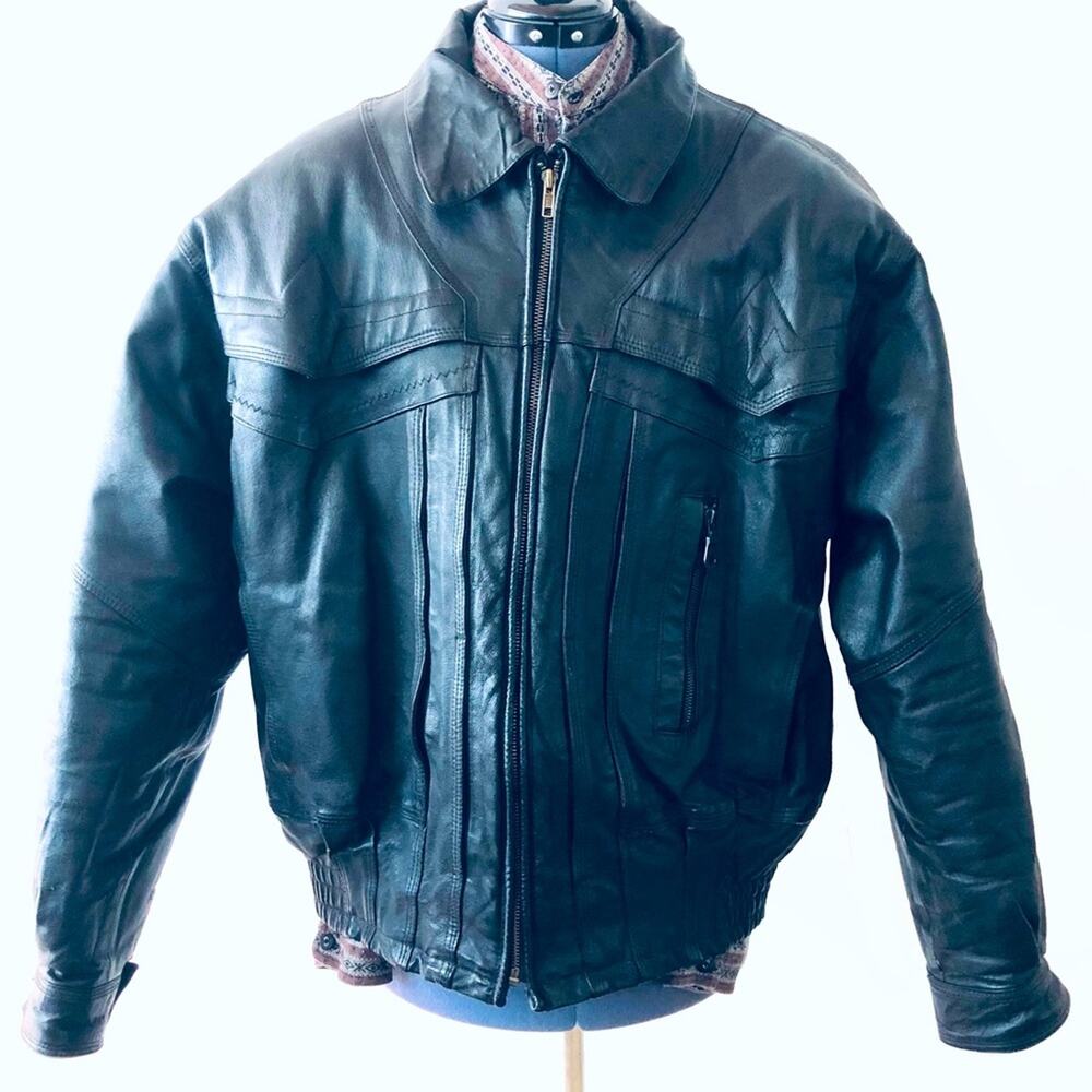 Vintage Mens Black Leather Jacket Western Details Weekends Size XL Warm 90s 80s